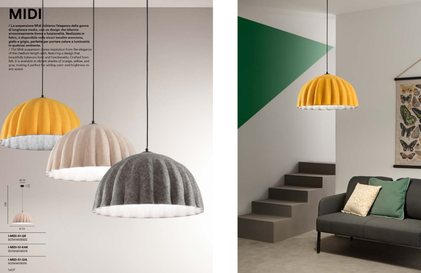 Sospensione in feltro D.53cm nelle varianti grigio-beige-giallo 1XE27 non incl. MIDI Sospensione in feltro D.53cm nelle varianti grigio-beige-giallo 1XE27 non incl. MIDI